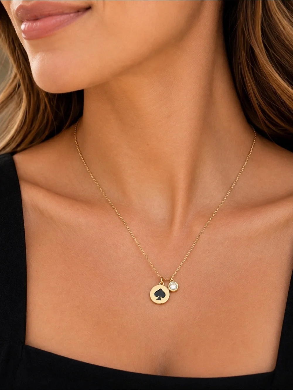 Kate Spade Gold Spade Pendant Necklace Crystal Charm Dainty Jewelry
